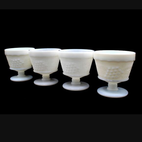 Vintage Anchor Hocking Milk Glass Dessert Cups Harvest Grape & Leaf Pattern (4) - Picture 1 of 6